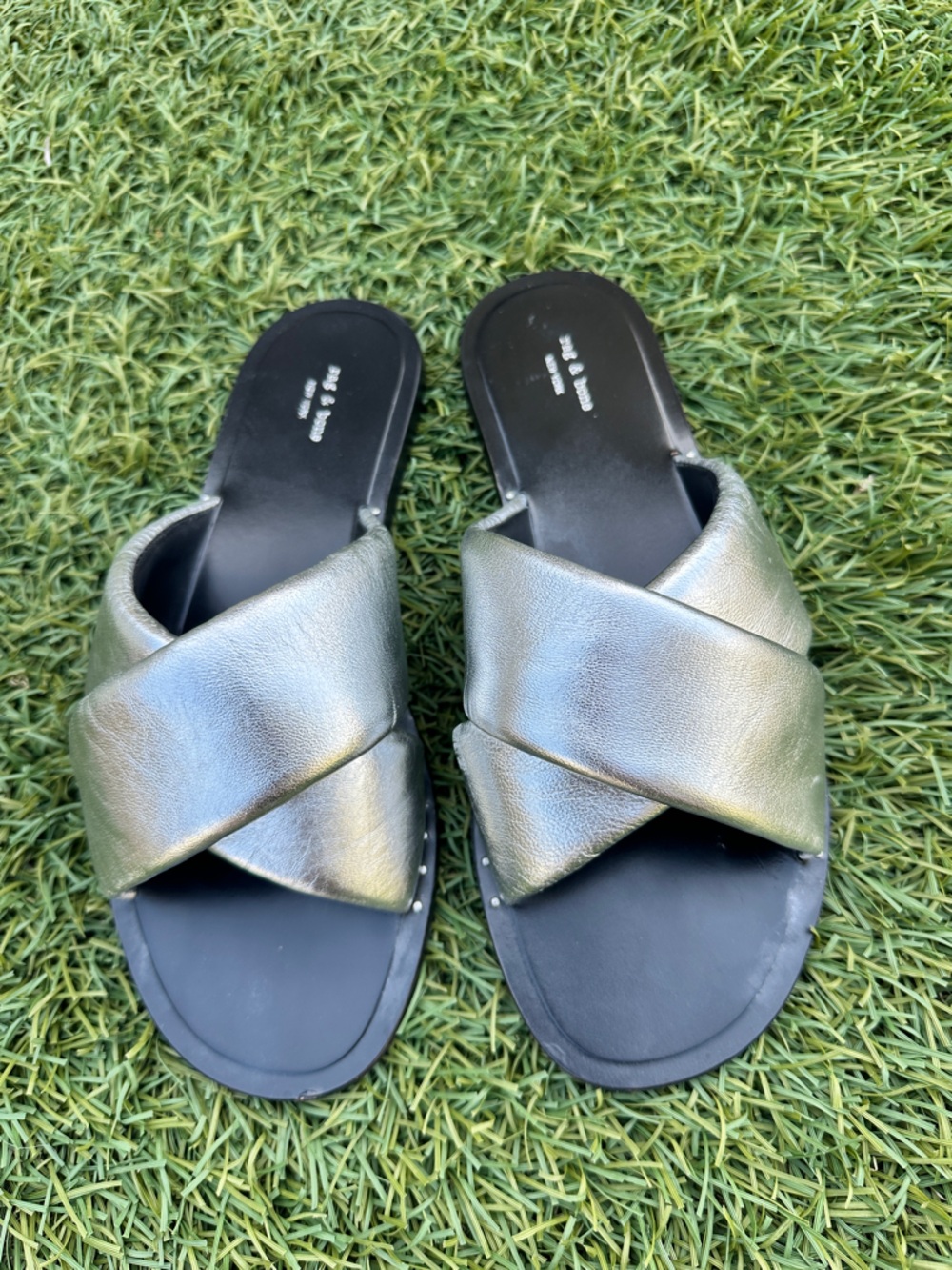 rag & bone Silver Crisscross Slide Sandals